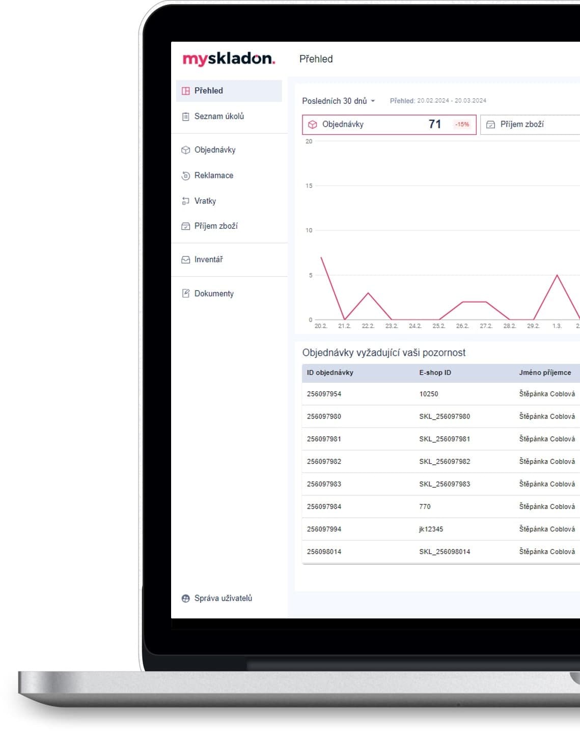 Klientská aplikace MySkladon: dashboard