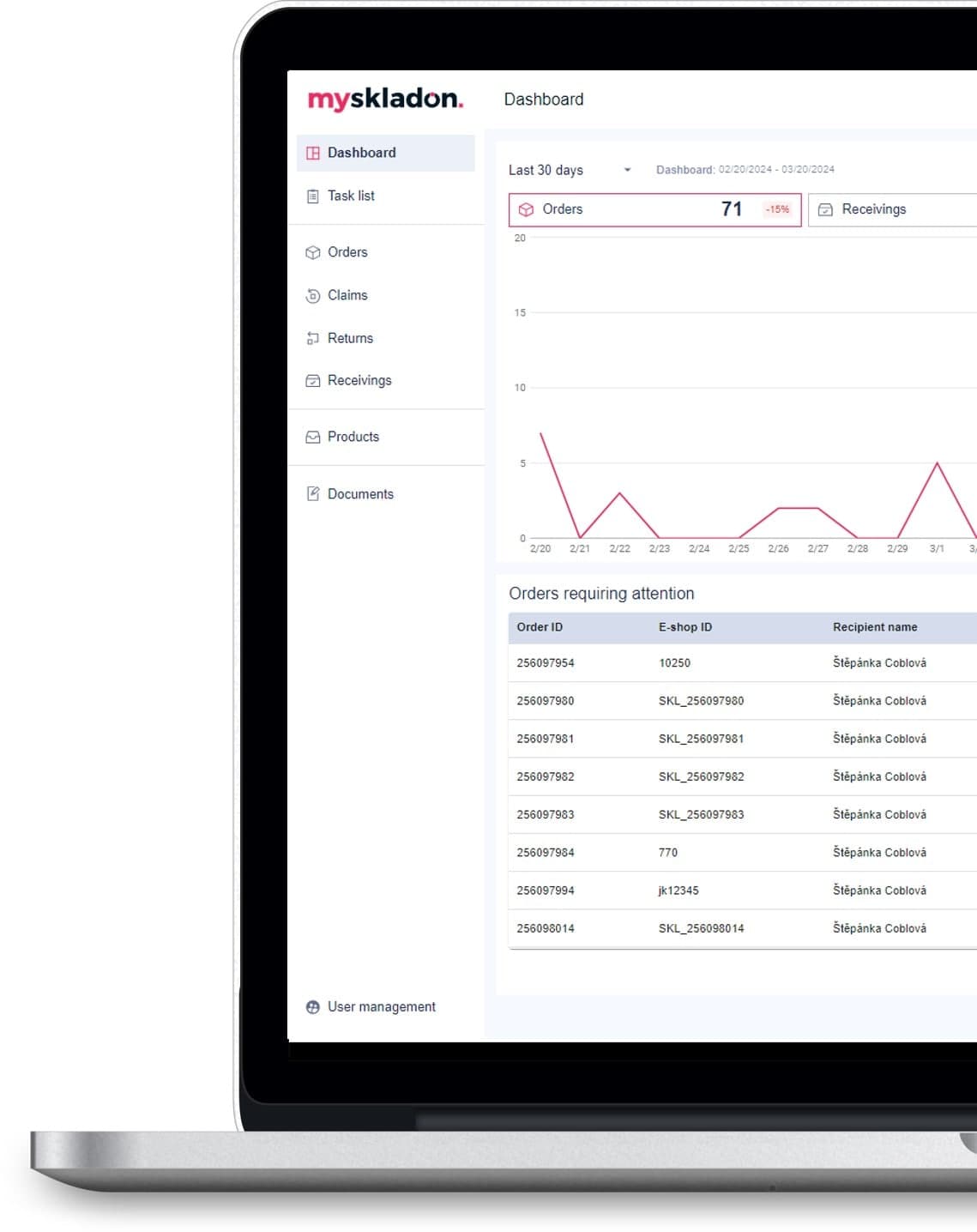 Client app MySkladon: dashboard